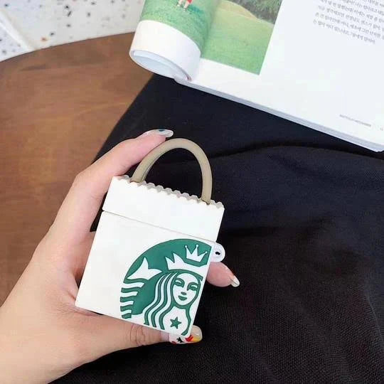 STAR-BUCKS SQUARE WITH BAG WHITE SILICONE AIRPODS CASE COVER FOR 1/2